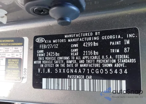 2012 Kia Optima Ex from USA, damaged, VIN 5XXGN4A71CG055434